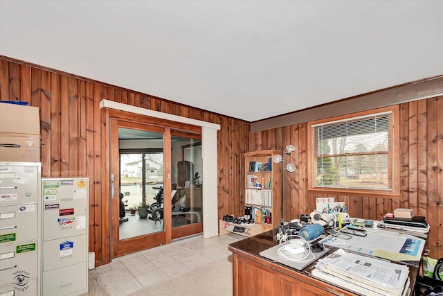 tiled home office with wood walls and crown molding