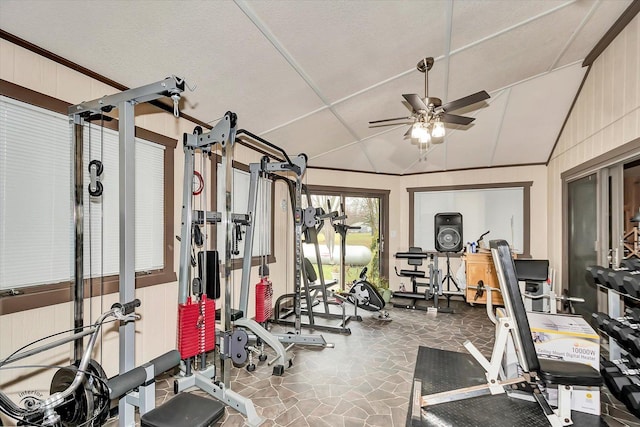 workout area featuring ceiling fan and lofted ceiling