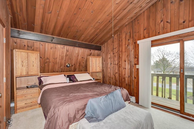 bedroom with light carpet, wood ceiling, access to outside, vaulted ceiling, and wood walls