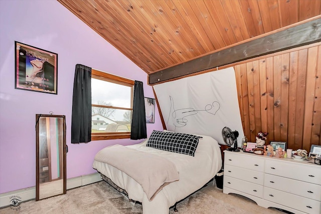 bedroom with light carpet, a baseboard heating unit, wooden ceiling, and lofted ceiling