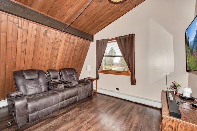 living room with lofted ceiling, wooden walls, dark hardwood / wood-style floors, a baseboard radiator, and wood ceiling