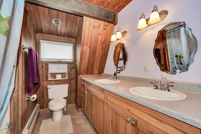 bathroom featuring vanity, toilet, wood ceiling, and baseboard heating