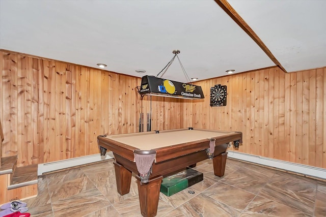 recreation room featuring baseboard heating, wooden walls, and billiards