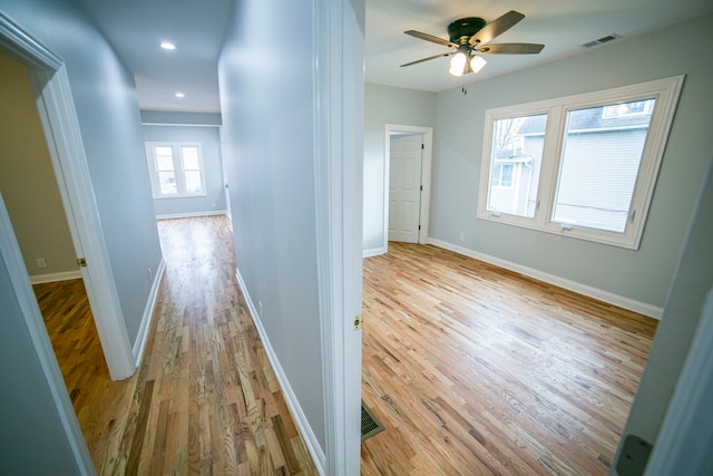 hall featuring plenty of natural light and light hardwood / wood-style flooring