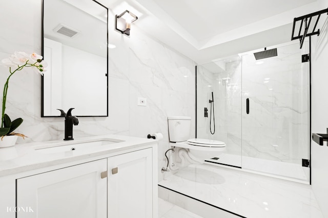 bathroom with vanity, visible vents, toilet, marble finish floor, and a marble finish shower