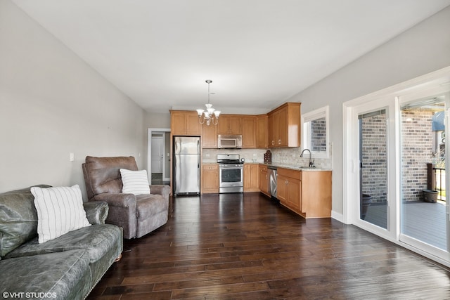 kitchen featuring appliances with stainless steel finishes, dark wood-type flooring, a notable chandelier, and plenty of natural light