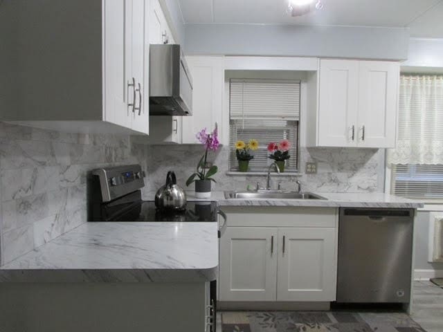 kitchen with white cabinetry, sink, wall chimney exhaust hood, stainless steel appliances, and backsplash