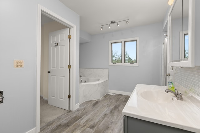 bathroom featuring a tub, vanity, backsplash, and hardwood / wood-style flooring