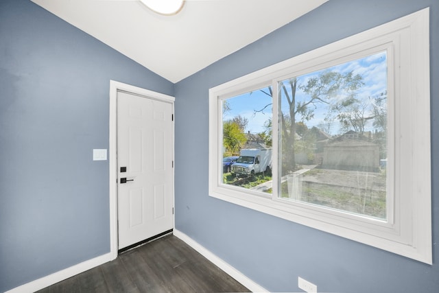 entryway with plenty of natural light, dark hardwood / wood-style floors, and vaulted ceiling