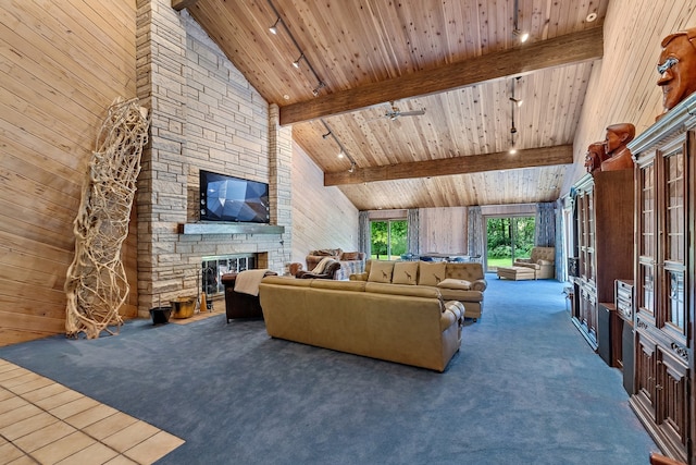 carpeted living room with high vaulted ceiling, wooden ceiling, and beam ceiling