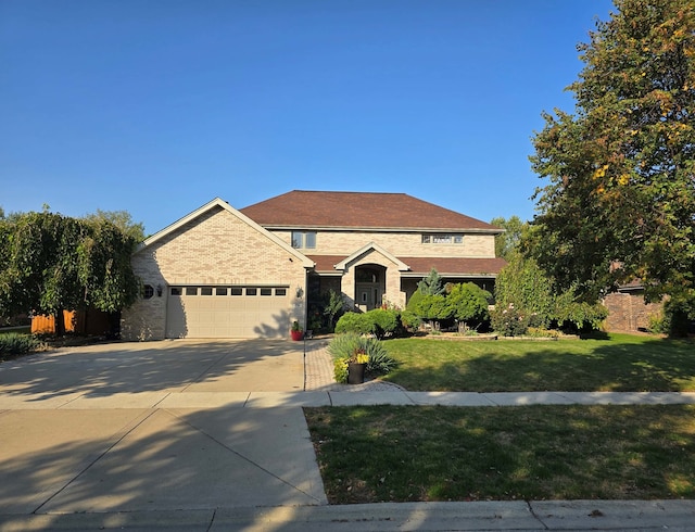 traditional home featuring driveway, brick siding, a garage, and a front yard