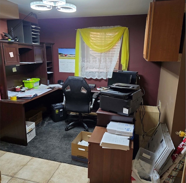 tiled home office with carpet flooring