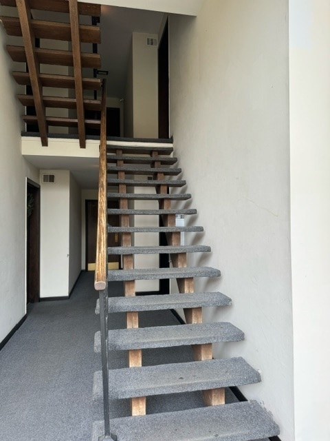 stairway featuring carpet flooring