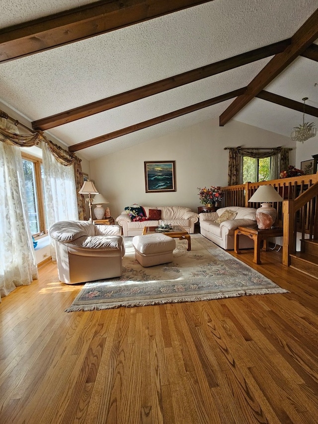 living area featuring a healthy amount of sunlight, a textured ceiling, and wood finished floors