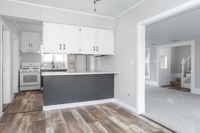 kitchen with kitchen peninsula, white cabinetry, dark wood-type flooring, and white range oven