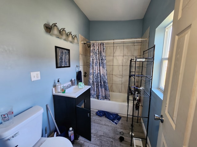 full bathroom featuring toilet, shower / tub combo, vanity, and wood-type flooring