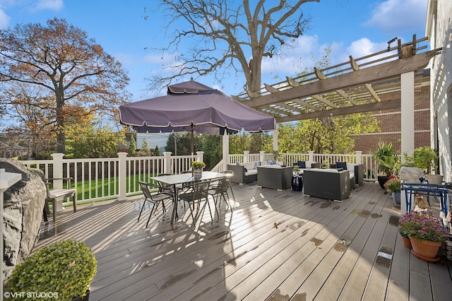 wooden terrace with an outdoor living space and a pergola