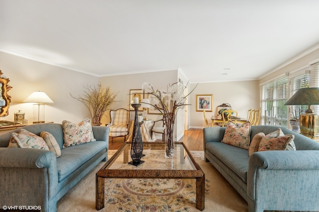 living room with crown molding and light hardwood / wood-style flooring