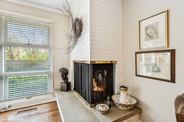 room details with a multi sided fireplace and hardwood / wood-style floors