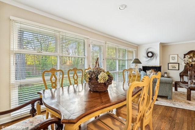 dining room with a fireplace, hardwood / wood-style floors, plenty of natural light, and ornamental molding