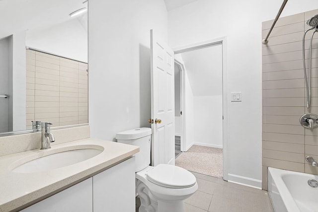 full bathroom featuring tile patterned flooring, vanity, toilet, and tiled shower / bath