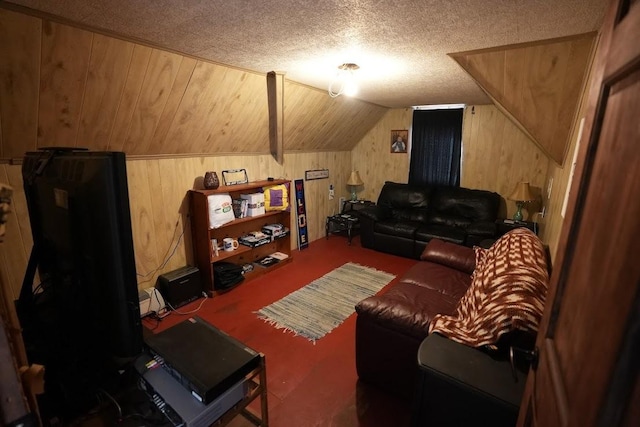 living room with a textured ceiling, wooden walls, and lofted ceiling