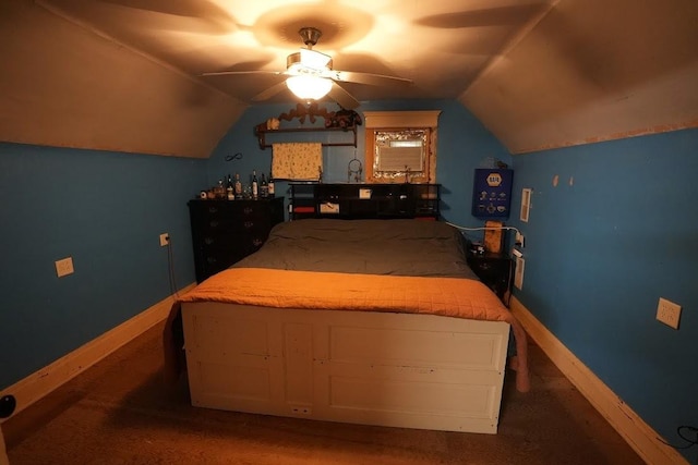 bedroom with ceiling fan and lofted ceiling