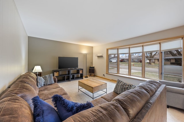 living room featuring light carpet