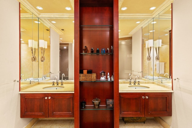 bathroom with vanity, tile patterned floors, and crown molding