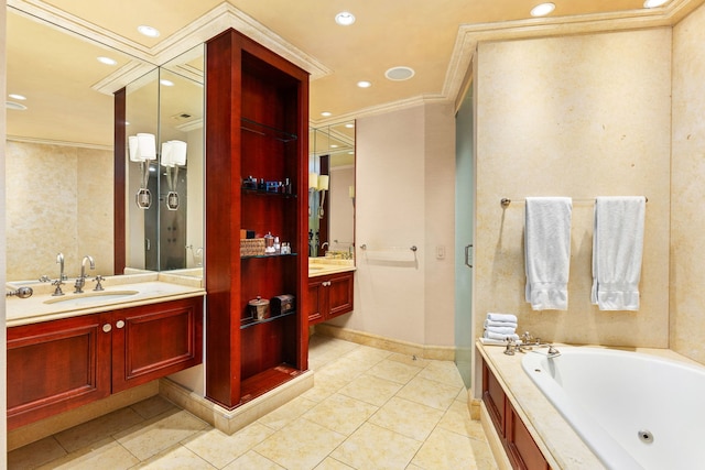 bathroom with ornamental molding, tile patterned flooring, vanity, and separate shower and tub