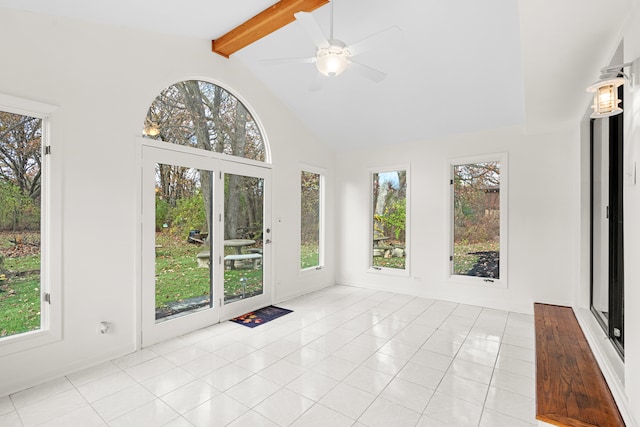 unfurnished sunroom with ceiling fan and lofted ceiling with beams