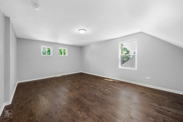 unfurnished room featuring a wealth of natural light, vaulted ceiling, and dark hardwood / wood-style flooring