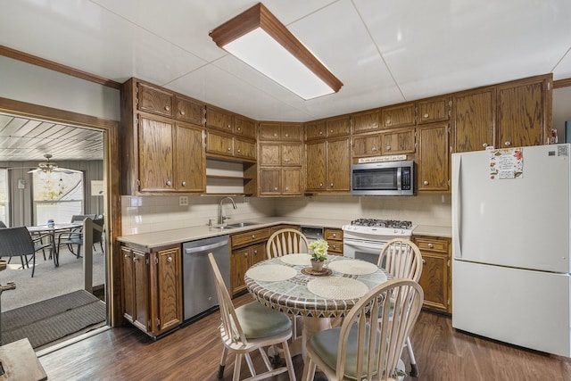 kitchen with stainless steel appliances, sink, ceiling fan, and dark hardwood / wood-style floors