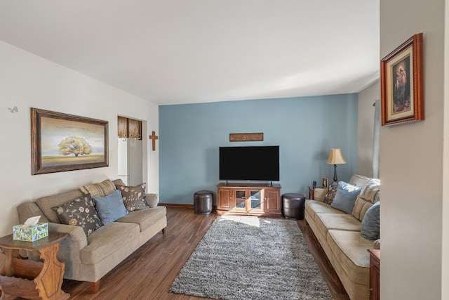 living room with dark hardwood / wood-style floors