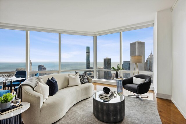 living room featuring a water view, hardwood / wood-style flooring, and a healthy amount of sunlight