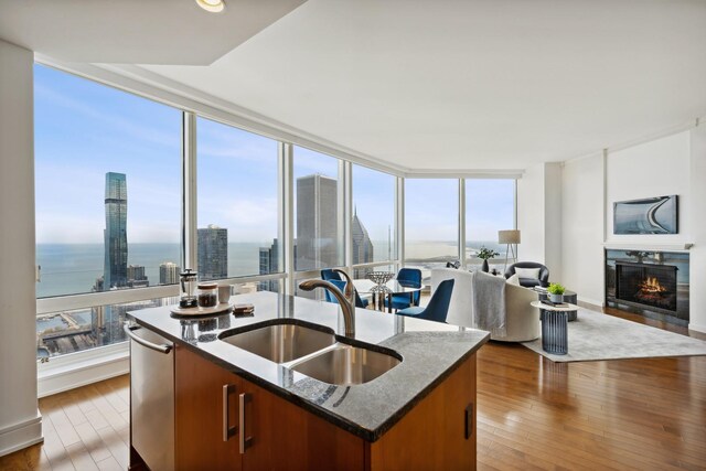 kitchen with sink, a kitchen island with sink, a water view, and dark wood-type flooring