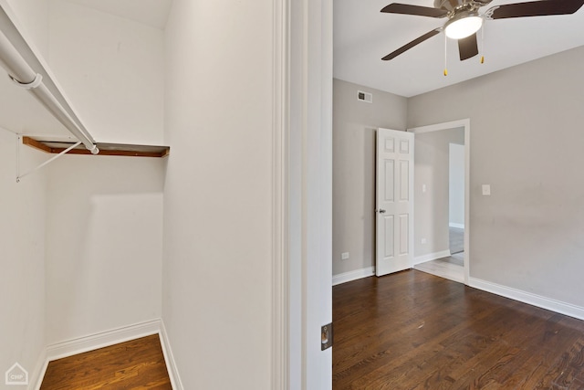 walk in closet featuring ceiling fan and dark hardwood / wood-style flooring