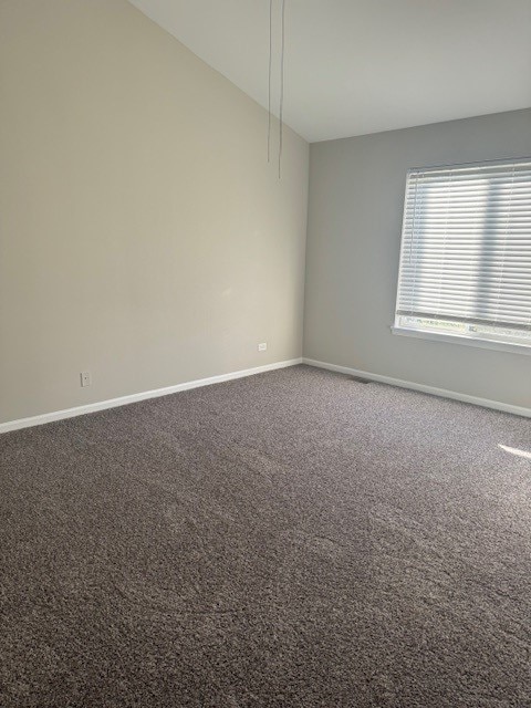 unfurnished room with carpet flooring and lofted ceiling