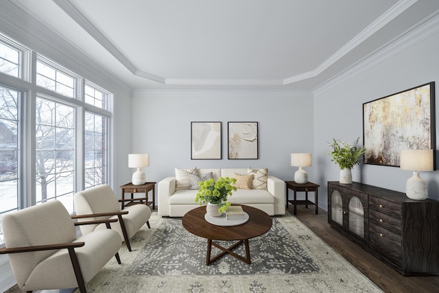 living room with ornamental molding and wood finished floors