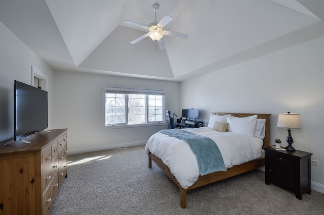 carpeted bedroom with a ceiling fan, baseboards, and high vaulted ceiling