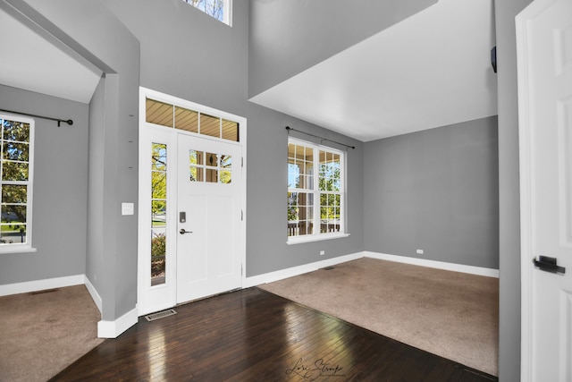 entryway featuring a wealth of natural light and dark hardwood / wood-style flooring