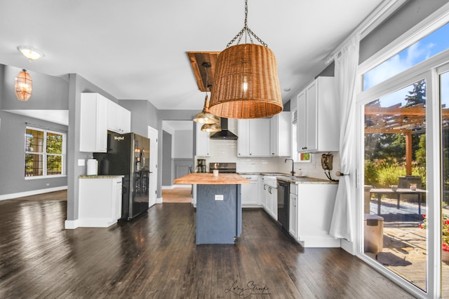 17828 S Mitchell Ln, Lockport, IL 60441 - kitchen with black appliances, wooden counters, dark wood finished floors, and wall chimney range hood
