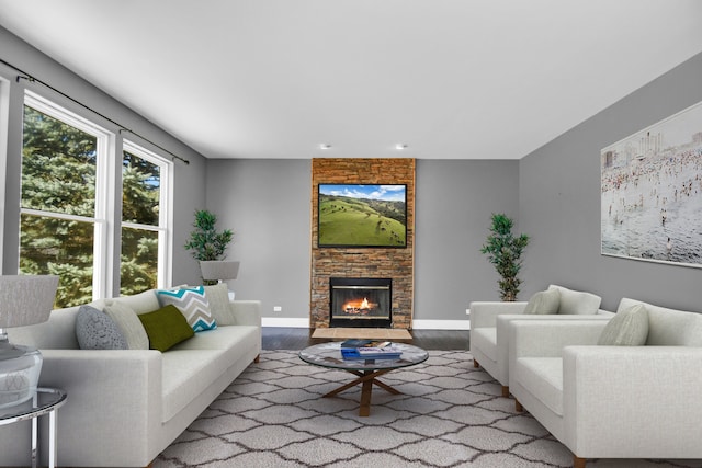 living room featuring hardwood / wood-style floors and a fireplace