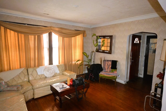 living room with ornamental molding and dark hardwood / wood-style floors