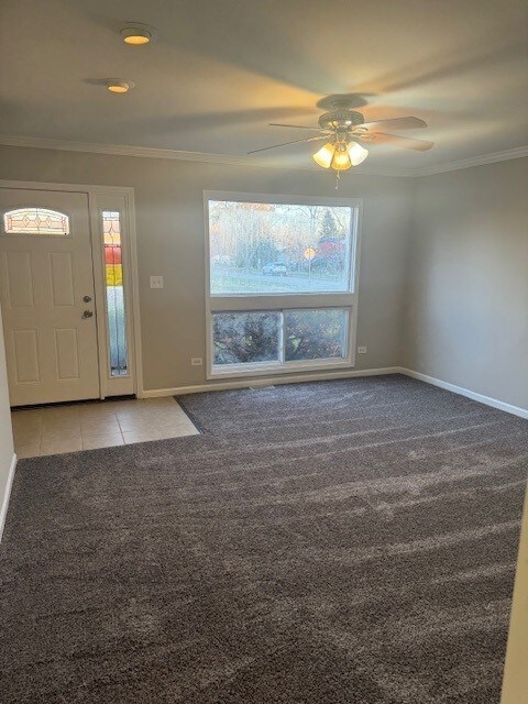 carpeted foyer with ceiling fan, plenty of natural light, and crown molding