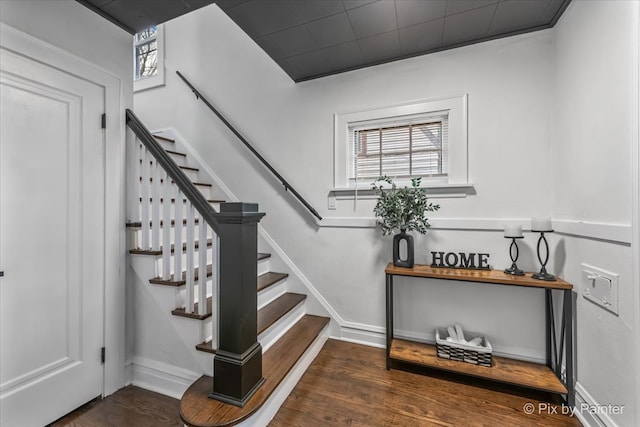 stairway with hardwood / wood-style floors