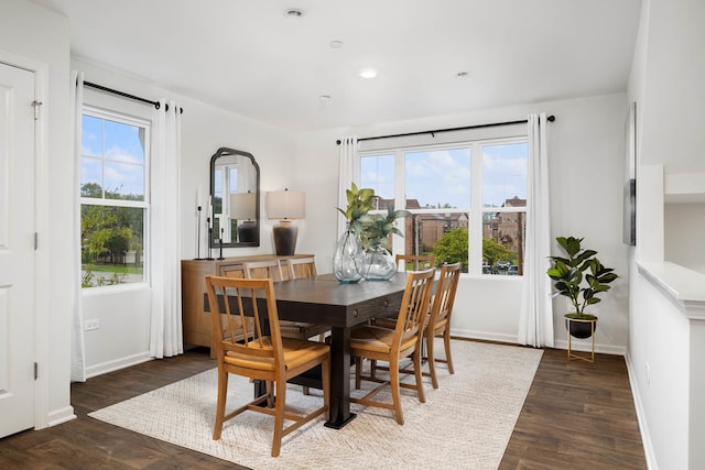 dining space featuring a healthy amount of sunlight and dark hardwood / wood-style floors