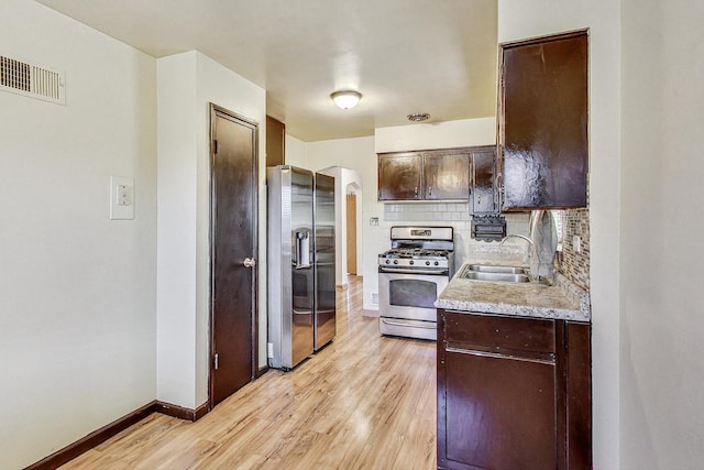 kitchen featuring sink, backsplash, dark brown cabinets, appliances with stainless steel finishes, and light wood-type flooring