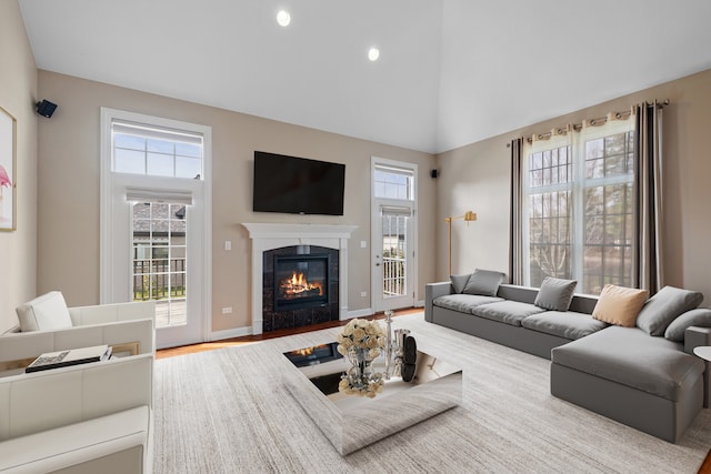 living room with a fireplace, hardwood / wood-style floors, and a high ceiling