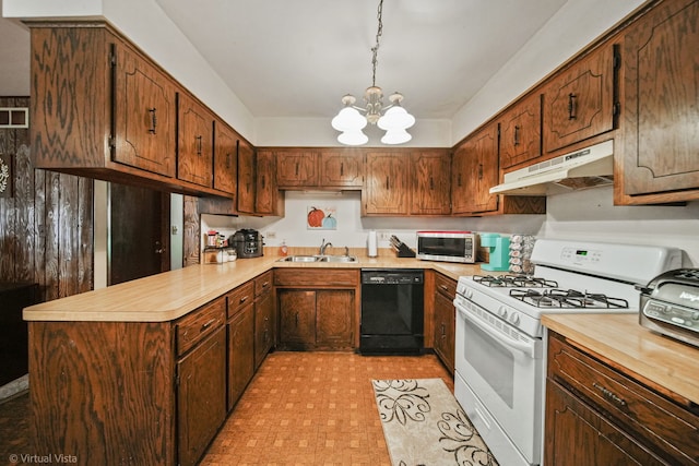 kitchen with dishwasher, sink, white range with gas stovetop, a notable chandelier, and kitchen peninsula